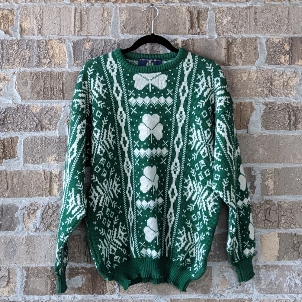 Blarney Castle Designs 100% Pure New Wool Shamrock Sweater Kelly Green St Pattys